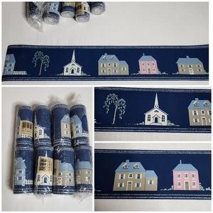 Vintage lot of 8 wallpaper border country cottage house houses church tree blue